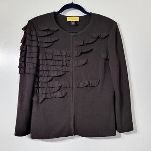 St. John Wool Blend Brown Ruffled Long Sleeve Zip Sweater Size 10